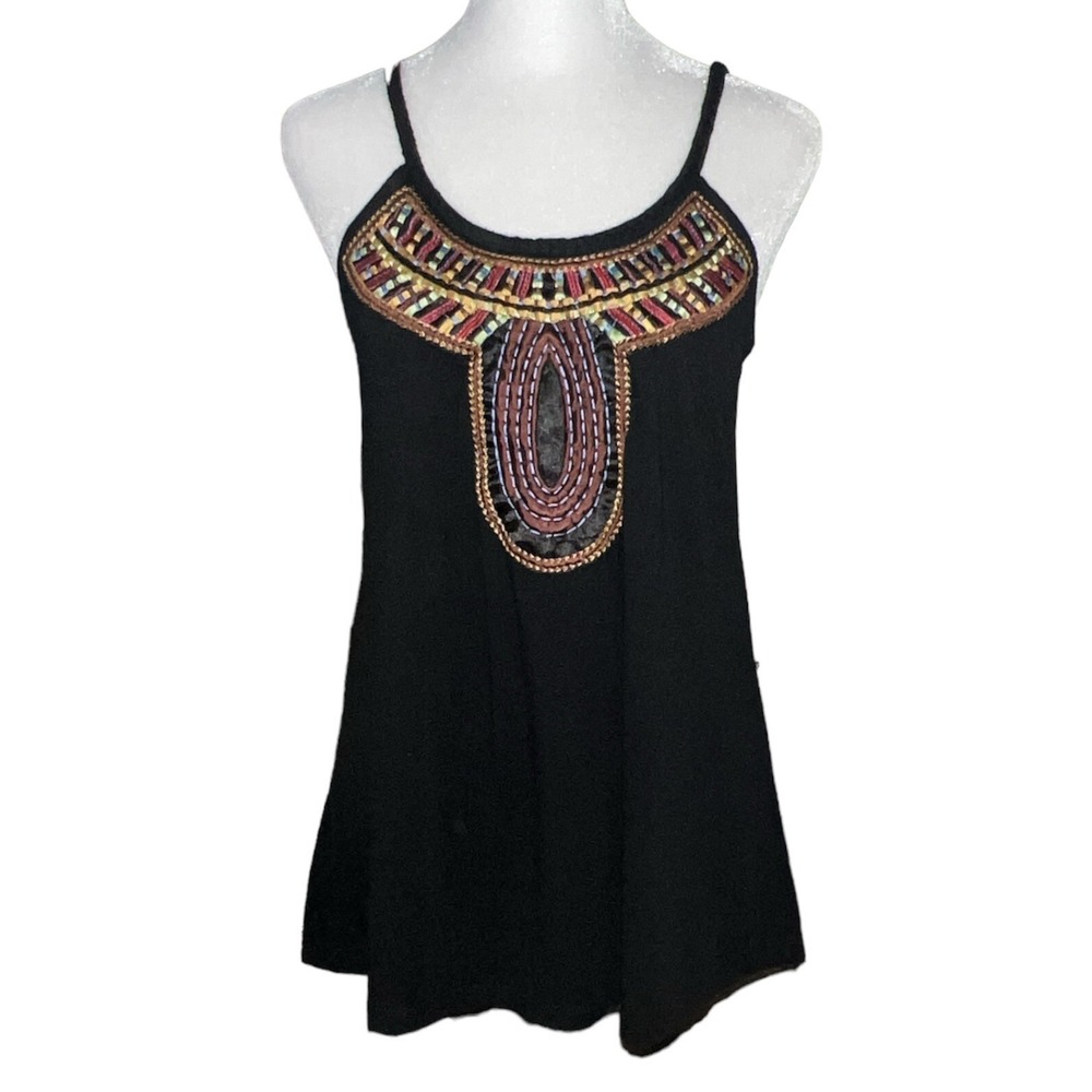 Fresh Brewed Tank Top Womens Small Black Embroidered Beaded Bib Boho